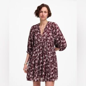 Madewell Splitneck Puff-Sleeve Babydoll Dress Olivia Floral Dark Fig size xxs